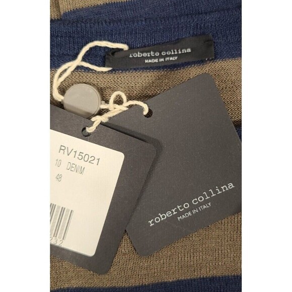 Roberto Collina Sweater Pullover Shirt Stripe Blue Tan Men's Sz 48 / US S NWT - Picture 3 of 9